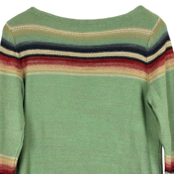 LRL Southwestern Aztec Knit Pullover Sweater Medium Green Striped Cotton Linen - Picture 7 of 9